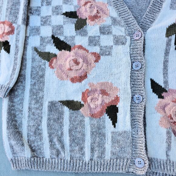 Vintage  80s Retro Chunky Knit Floral Plaid  Granny Cardigan Sweater Size 18/20 - Picture 2 of 8